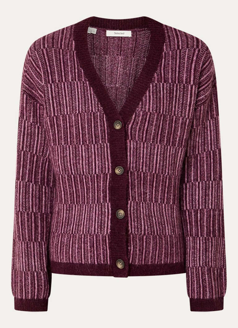 Selected Dames Alva grofgebreid vest in alpaca wolblend met streepprint in de kleur Aubergine, maat: S