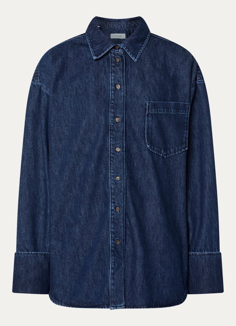 Selected Dames Mella-Bora oversized blouse van denim met borstzak in de kleur Royalblauw, maat: 38