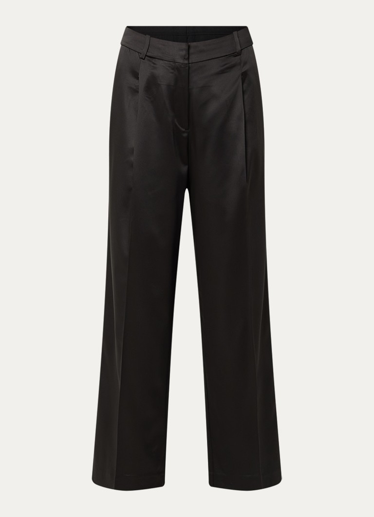 Selected Dames Miya high waist wide fit pantalon van satijn met plooidetail in de kleur Zwart, maat: 36