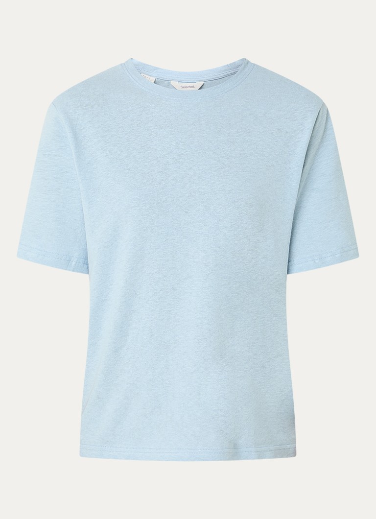 Selected Heren Ada T-shirt in linnenblend met ronde hals in de kleur Lichtblauw, maat: XS