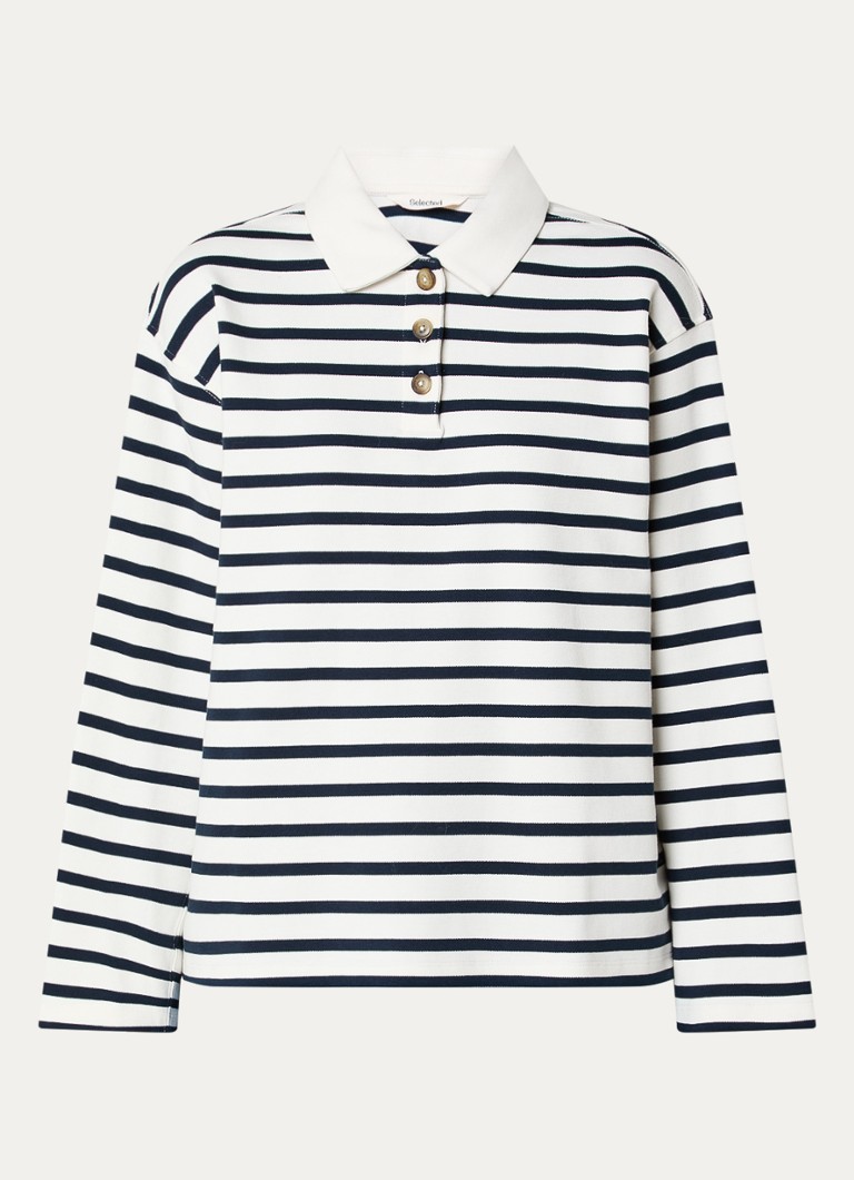 Selected Dames Wada top met streepprint en polokraag in de kleur Blauw, maat: L