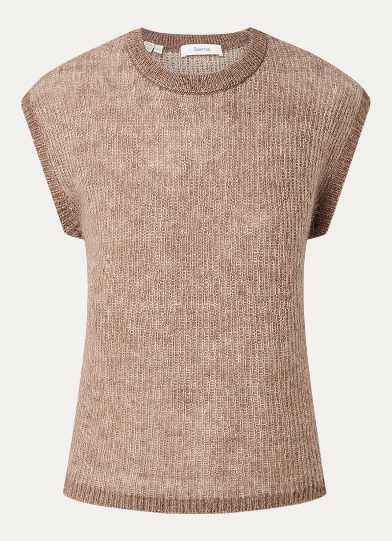 Selected Dames Lulu grofgebreide mouwloze top in wolblend in de kleur Donkerbeige, maat: XL