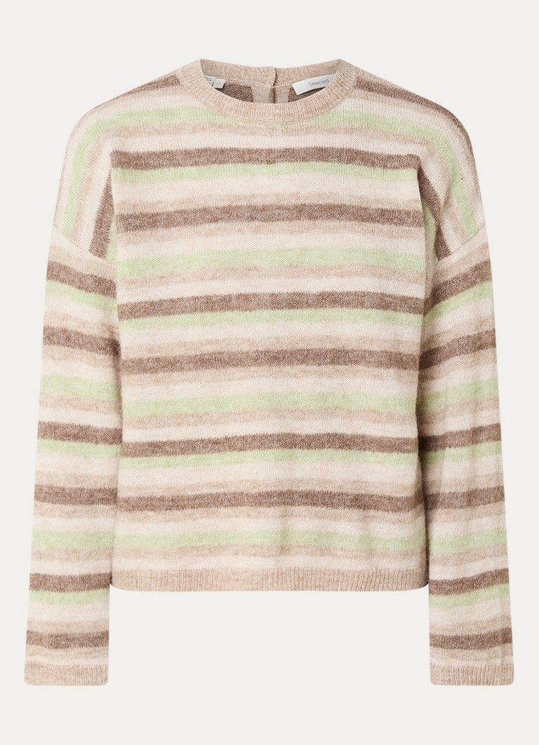Selected Dames Lulu grofgebreide trui in alpaca wolblend met streepprint in de kleur Donkerbeige, maat: XL