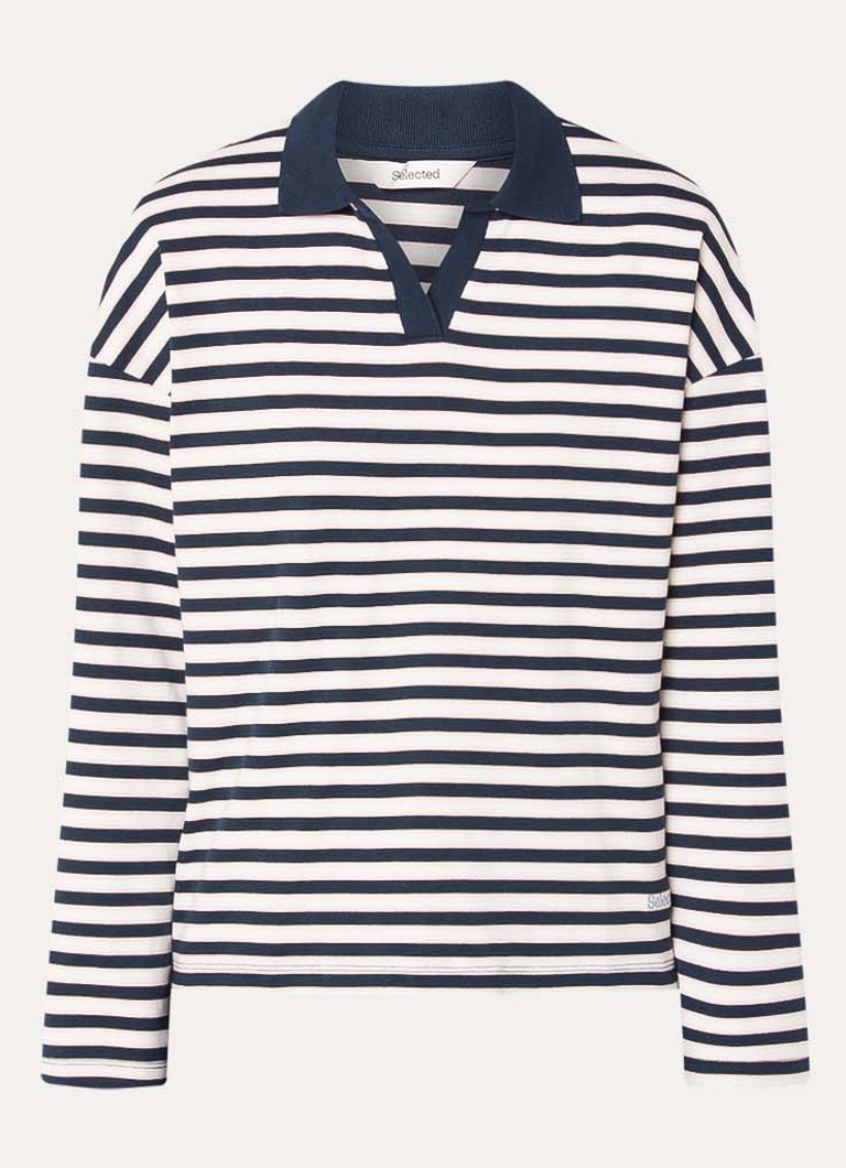 Selected Dames Milly polo met streepprint en logo in de kleur Donkerblauw, maat: M