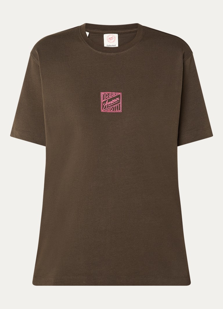 Selected Dames Hotel Amour T-shirt met borduring in de kleur Donkerbruin, maat: M