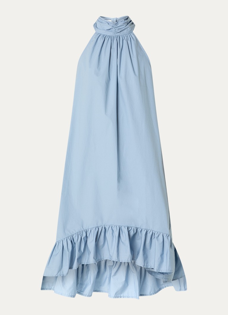 Selected Dames Delia mini halterjurk met sjaalkraag en volant in de kleur Blauw, maat: 42