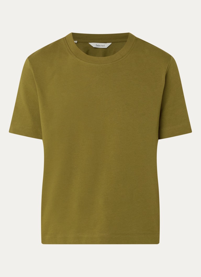 Selected Dames Essential T-shirt van katoen in de kleur Mosgroen, maat: XS