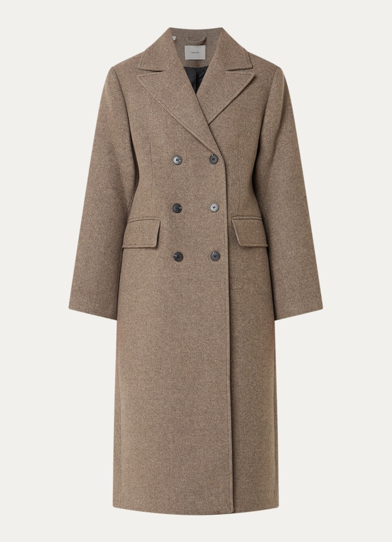 Selected Dames Mantel in wolblend met klepzakken in de kleur Zand, maat: 34