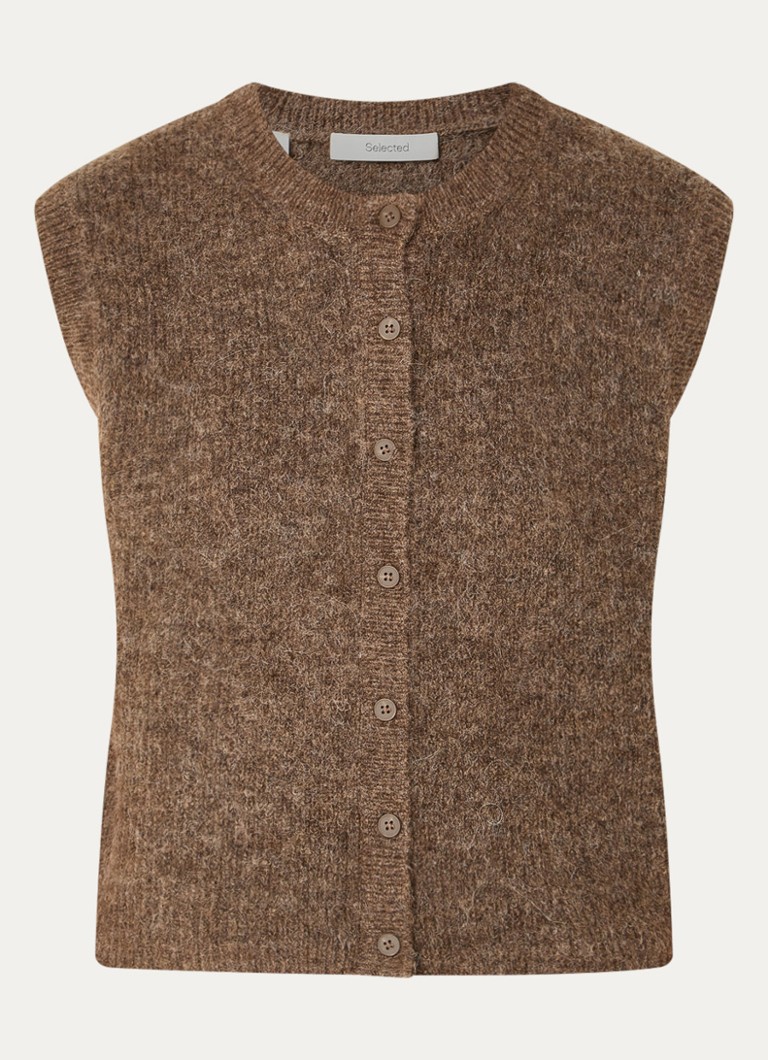 Selected Dames Lulu fijngebreid gilet in wolblend met ronde hals in de kleur Lichtbruin, maat: XL