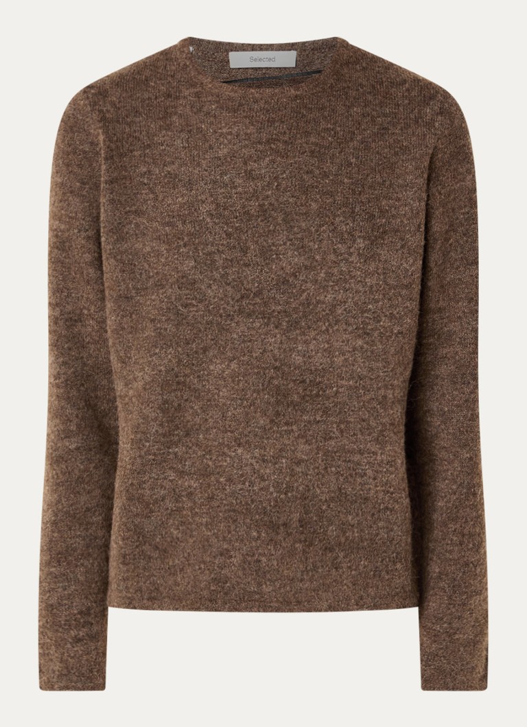 Selected Dames Lulu fijngebreide pullover in wolblend met ronde hals in de kleur Lichtbruin, maat: L