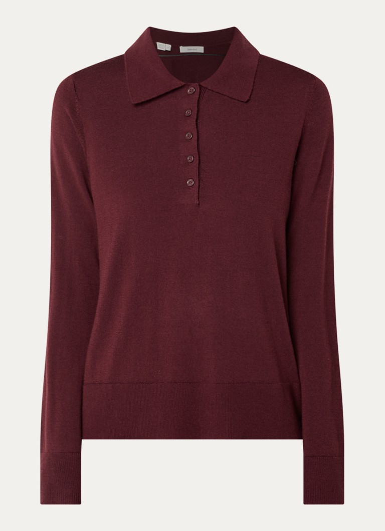 Selected Dames Fijngebreide polo van merino wol in de kleur Bordeauxrood, maat: XS