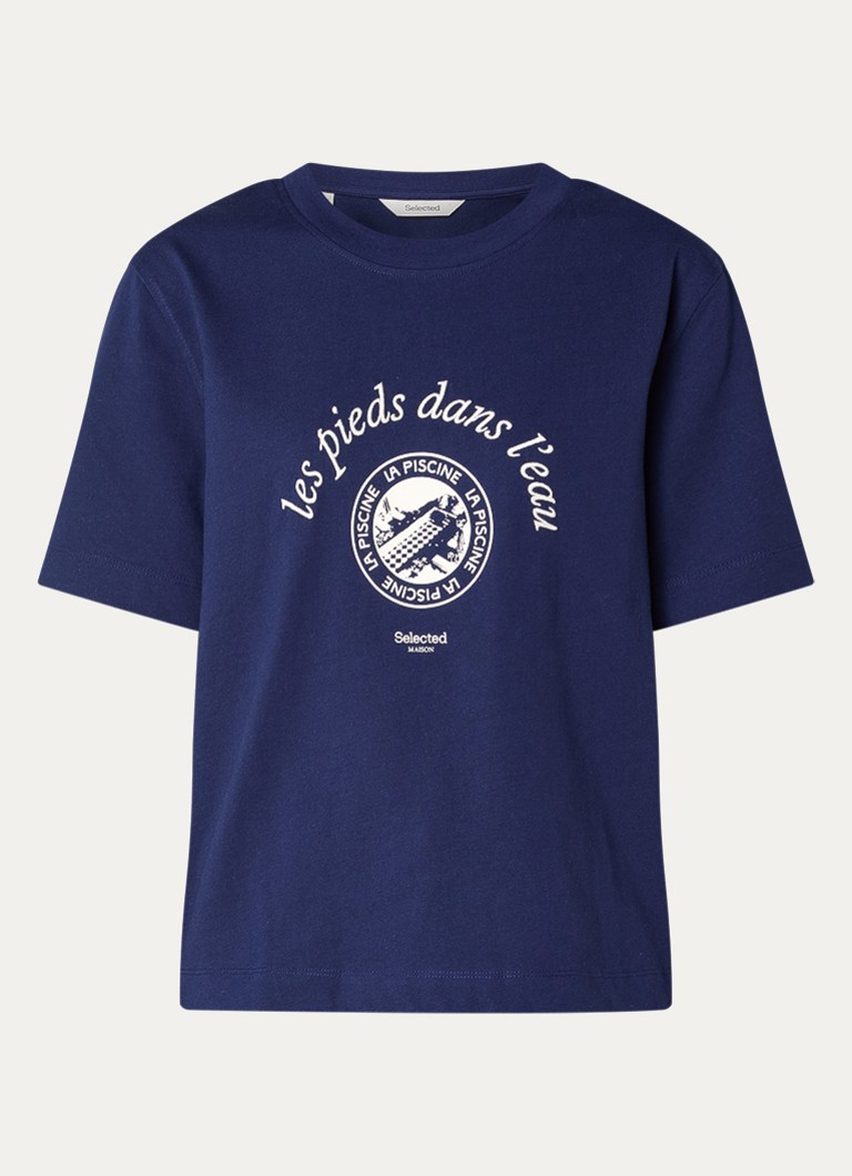 Selected Dames Elisa T-shirt met borduring in de kleur Donkerblauw, maat: XL