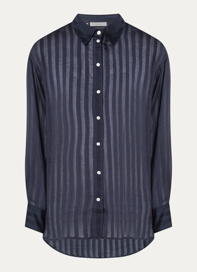 Selected Dames Toran semi-transparante blouse met streepprint in de kleur Donkerblauw, maat: 42