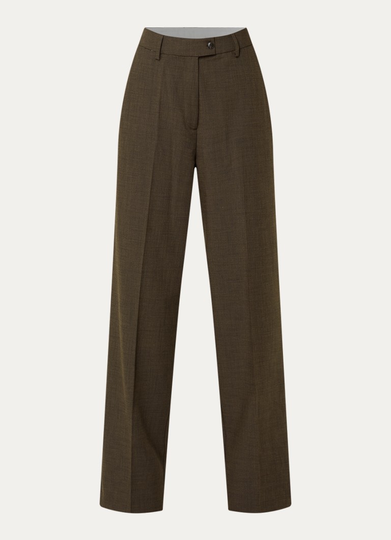 Selected Dames Signe high waist straight fit pantalon met ruitdessin en paspelzakken in de kleur Chocoladebruin, maat: 38