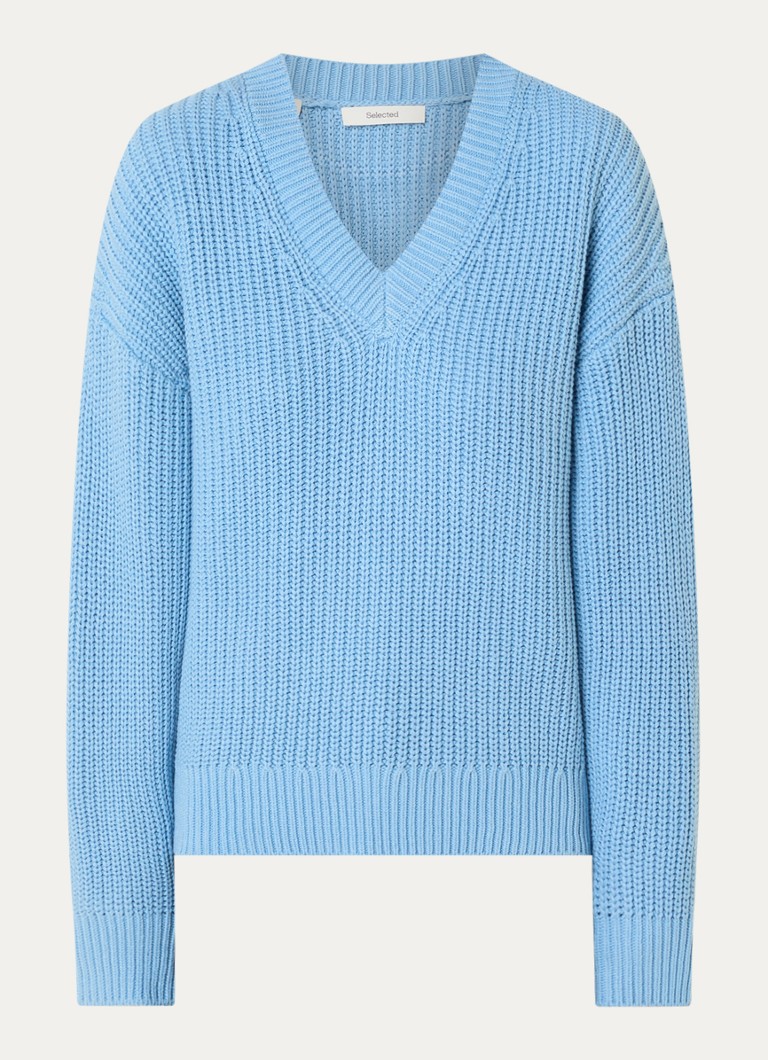 Selected Dames Selma grofgebreide trui met V-hals in de kleur Blauw, maat: L