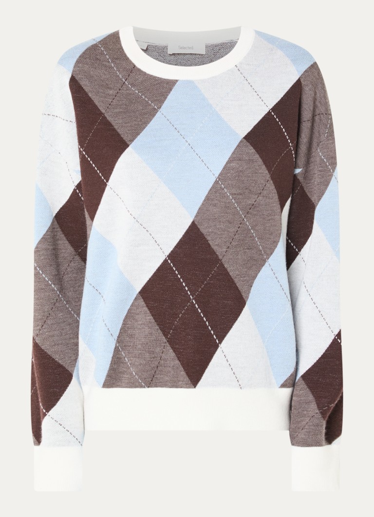 Selected Dames Thea fijngebreide trui van merino wol met ruitdessin in de kleur Gebroken wit, maat: S