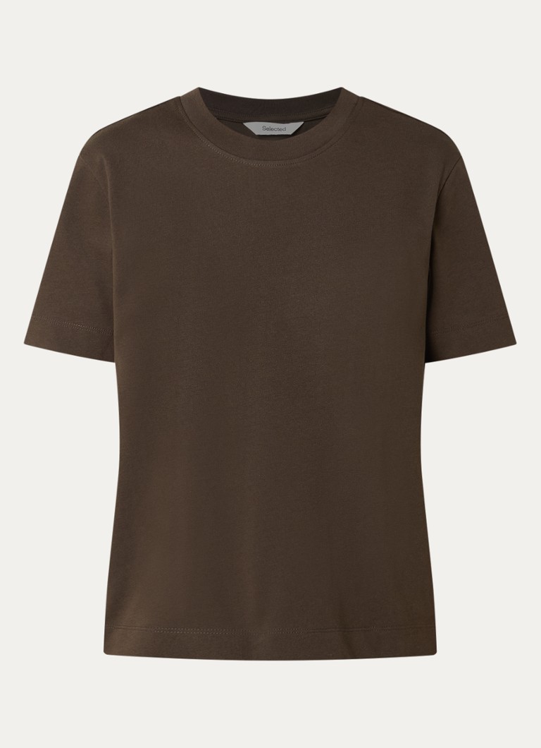 Selected Dames Essential T-shirt met ronde hals in de kleur Donkerbruin, maat: XL