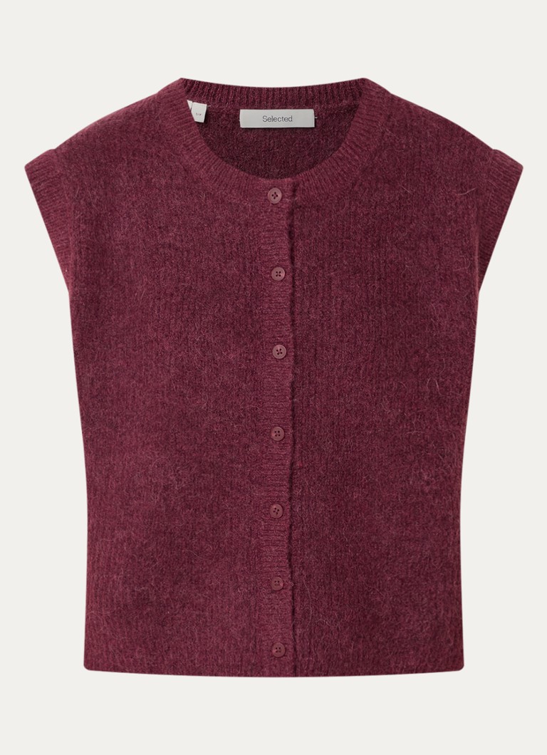 Selected Dames Lulu fijngebreid vest in wolblend met ronde hals in de kleur Aubergine, maat: M