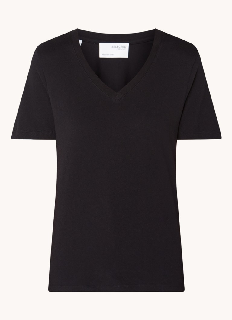 Selected Dames Essential T-shirt van katoen met V-hals in de kleur Zwart, maat: L