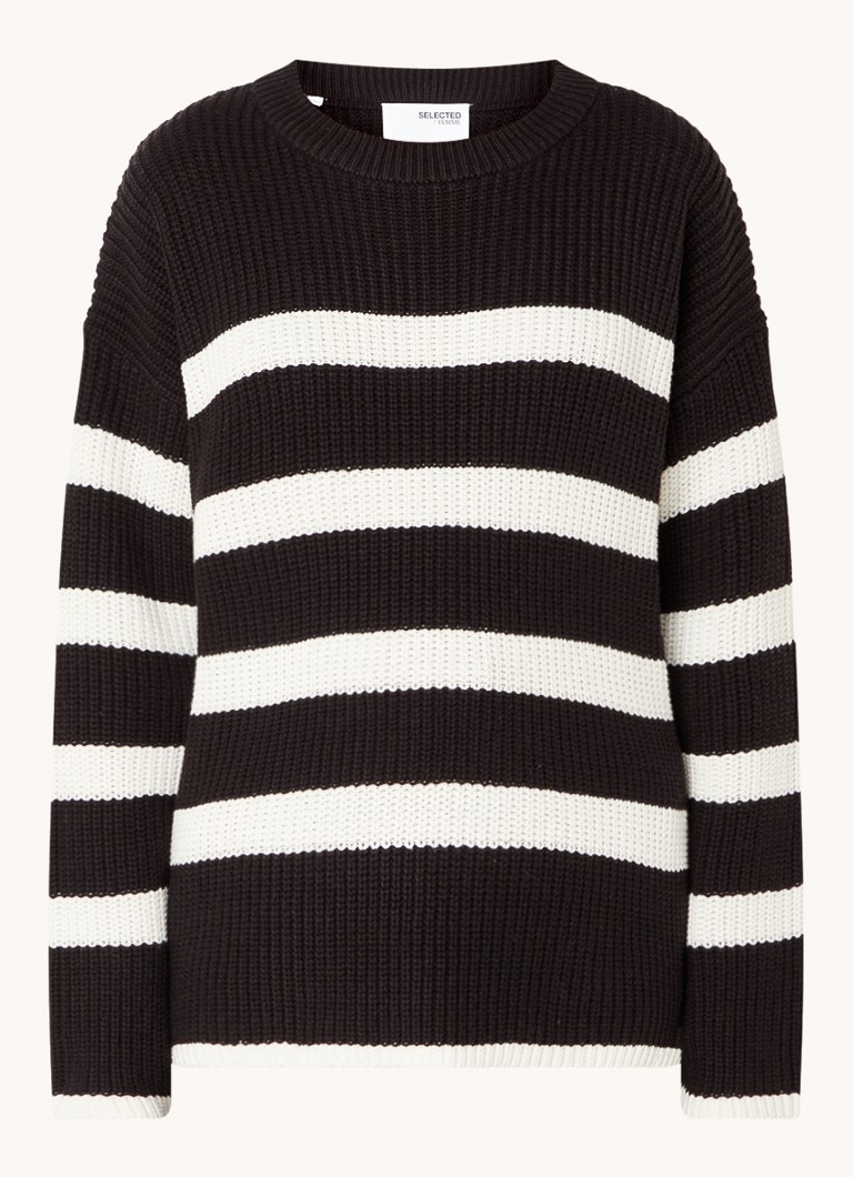 Selected Dames Bloomie grofgebreide trui met streepprint in de kleur Zwart, maat: XS