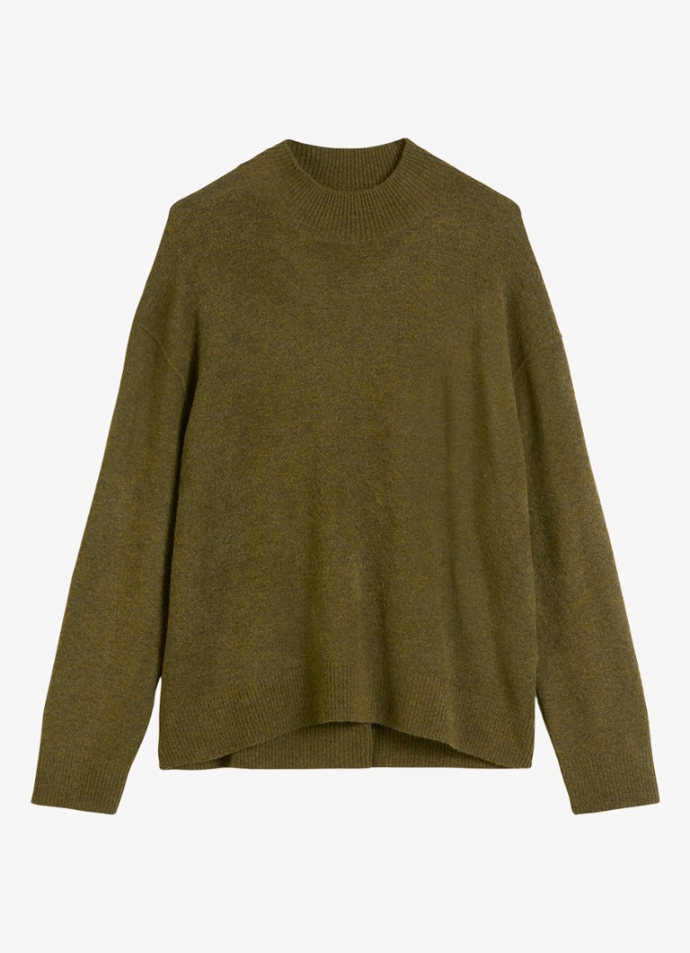 Marc O'Polo Denim Dames Fijngebreide trui met opstaande kraag in de kleur Dark Green Melange / Donkergroen
