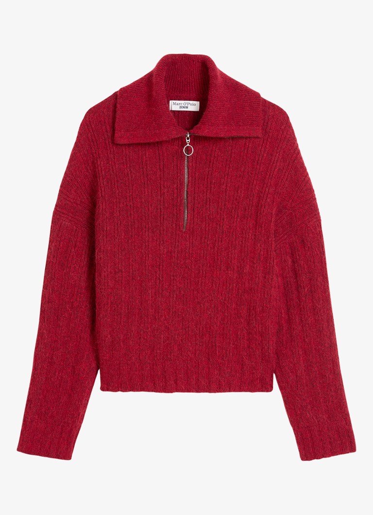 Marc O'Polo Denim Dames Ribgebreide trui in wolblend met halve rits in de kleur Rood