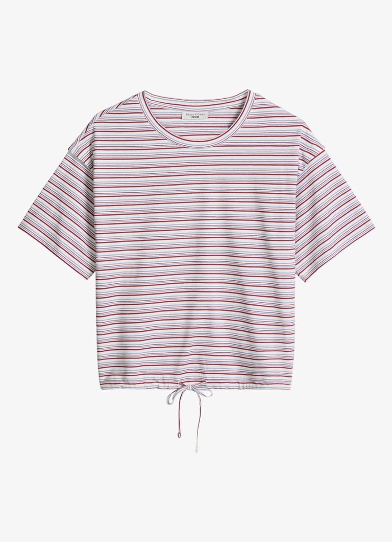Marc O'Polo Denim Dames T-shirt met streepprint en trekkoord in de kleur White 01-0215 / Rood