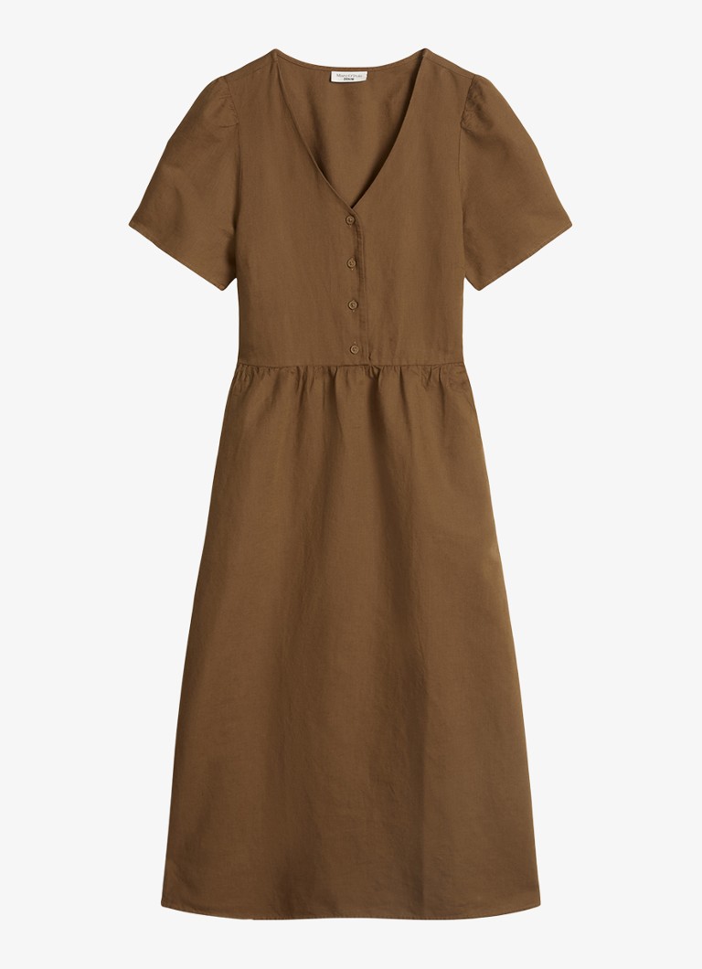 Marc O'Polo Denim Dames Midi jurk met steekzakken in de kleur Umbra Brown-1624 / Bruin