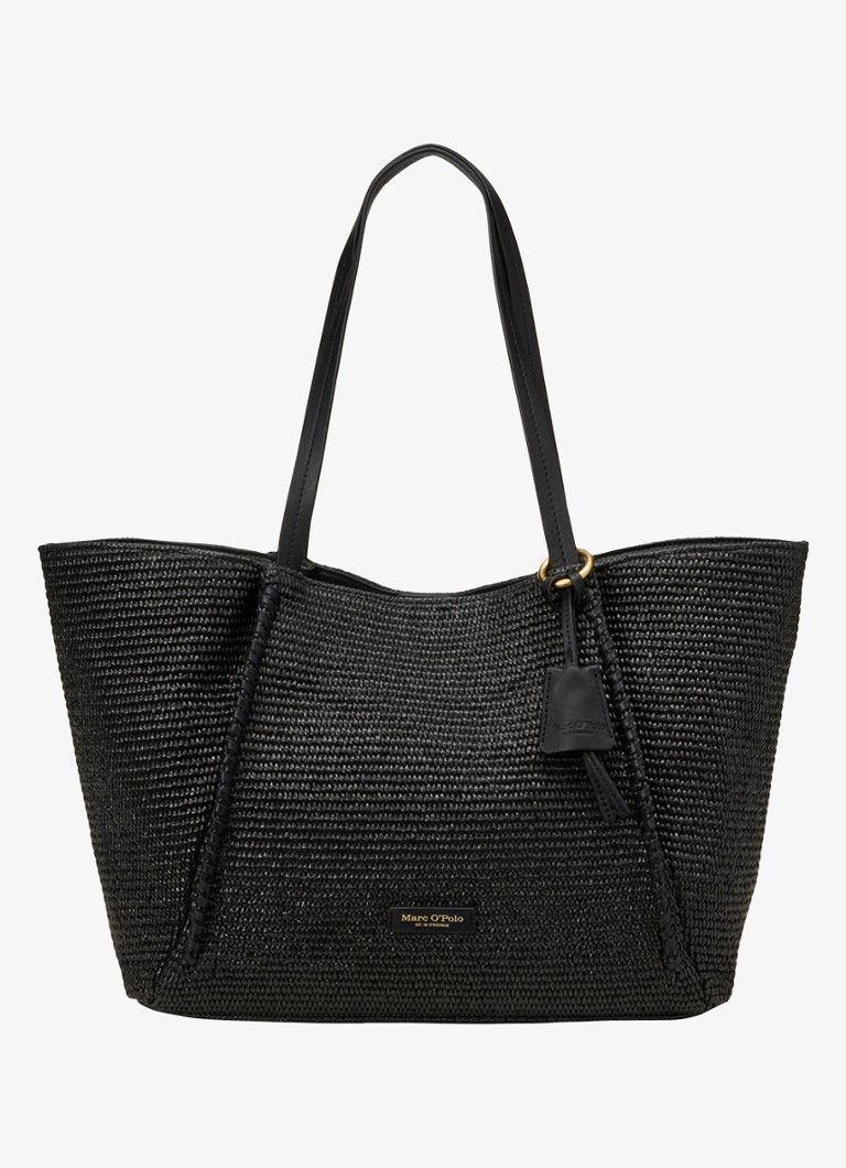 Marc O'Polo Dames Shopper van raffia met leren details in de kleur Black / Zwart
