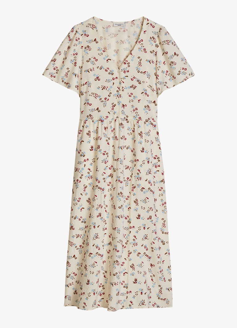 Marc O'Polo Denim Dames Midi jurk van katoenblend met grafische print en V-hals in de kleur Offwhite Multi 01-1257 / Wit