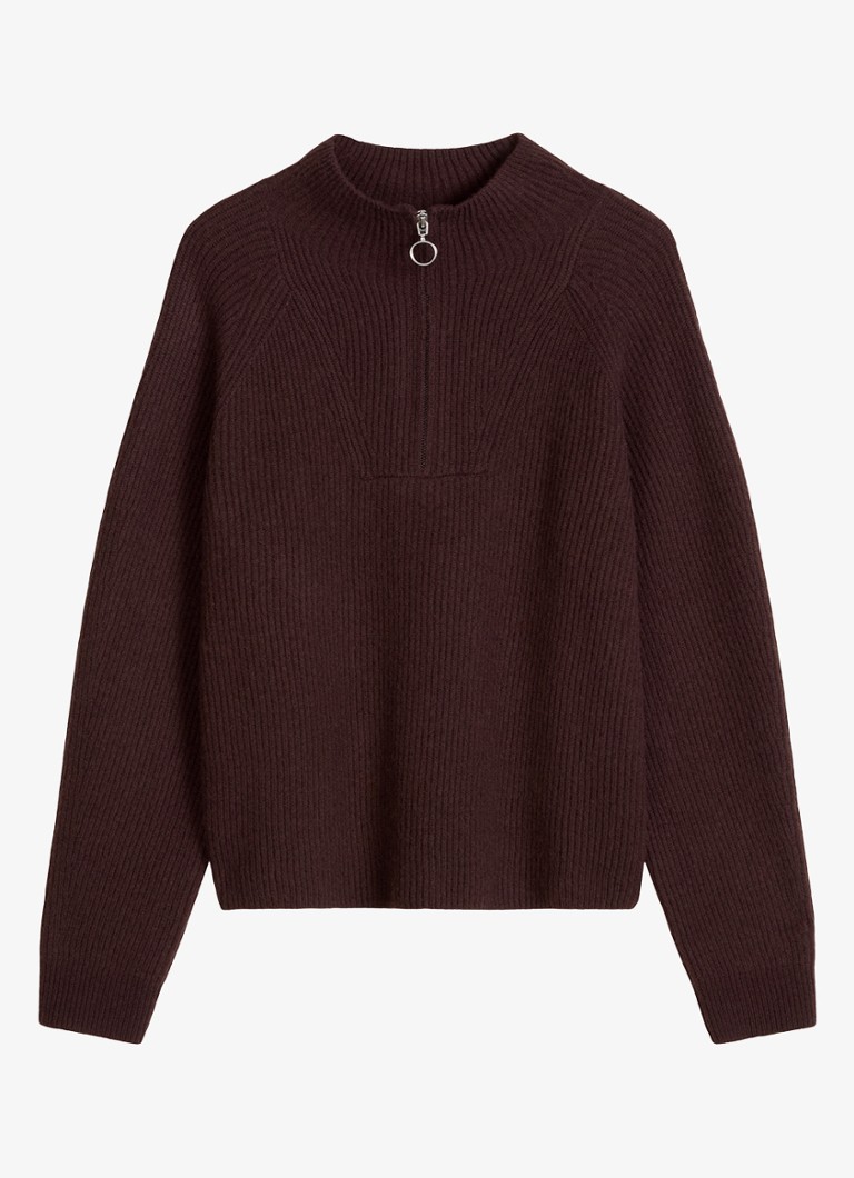Marc O'Polo Denim Dames Fijngebreide trui met opstaande kraag in de kleur DARK BROWN MELANGE_03-1525