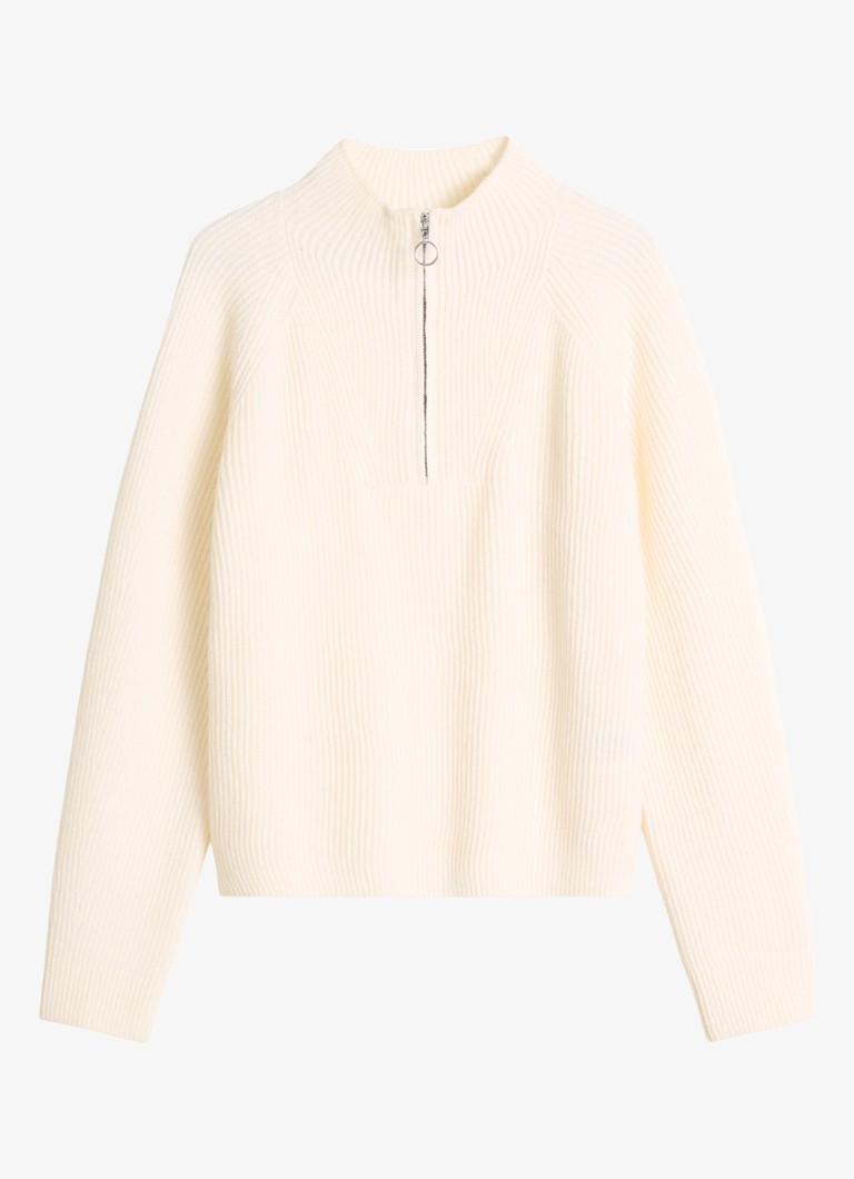 Marc O'Polo Denim Dames Grofgebreide trui met halve rits in de kleur Gebroken wit