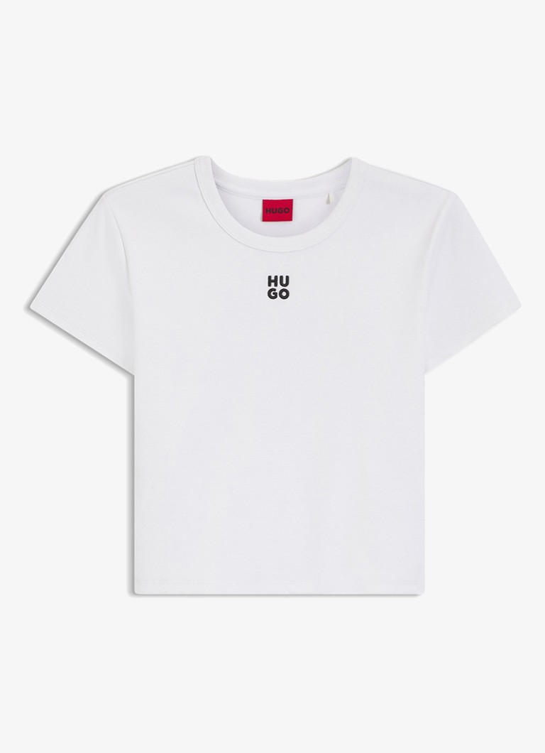 HUGO Dames Slim-fit T-shirt van een katoenmix met logostiksel in de kleur Wit