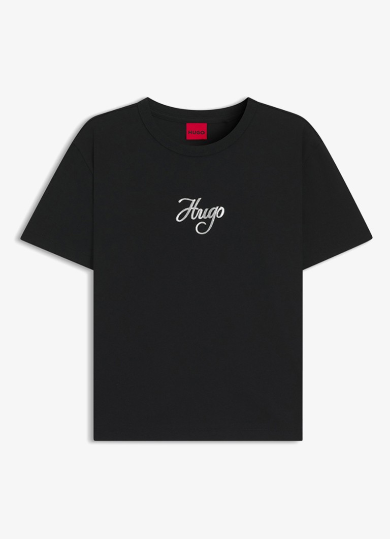 HUGO Dames T-shirt van katoenen jersey met glitterprints in de kleur Zwart