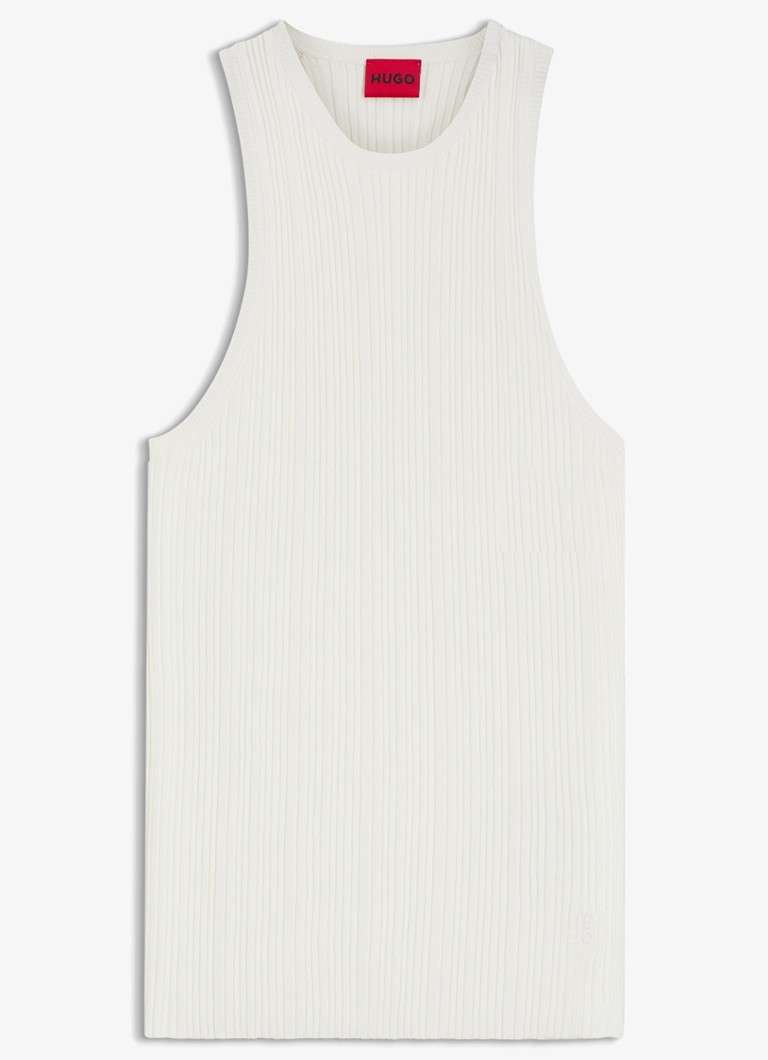 HUGO Dames Sarepla ribgebreide top met logoborduring in de kleur Open White-115 / Wit
