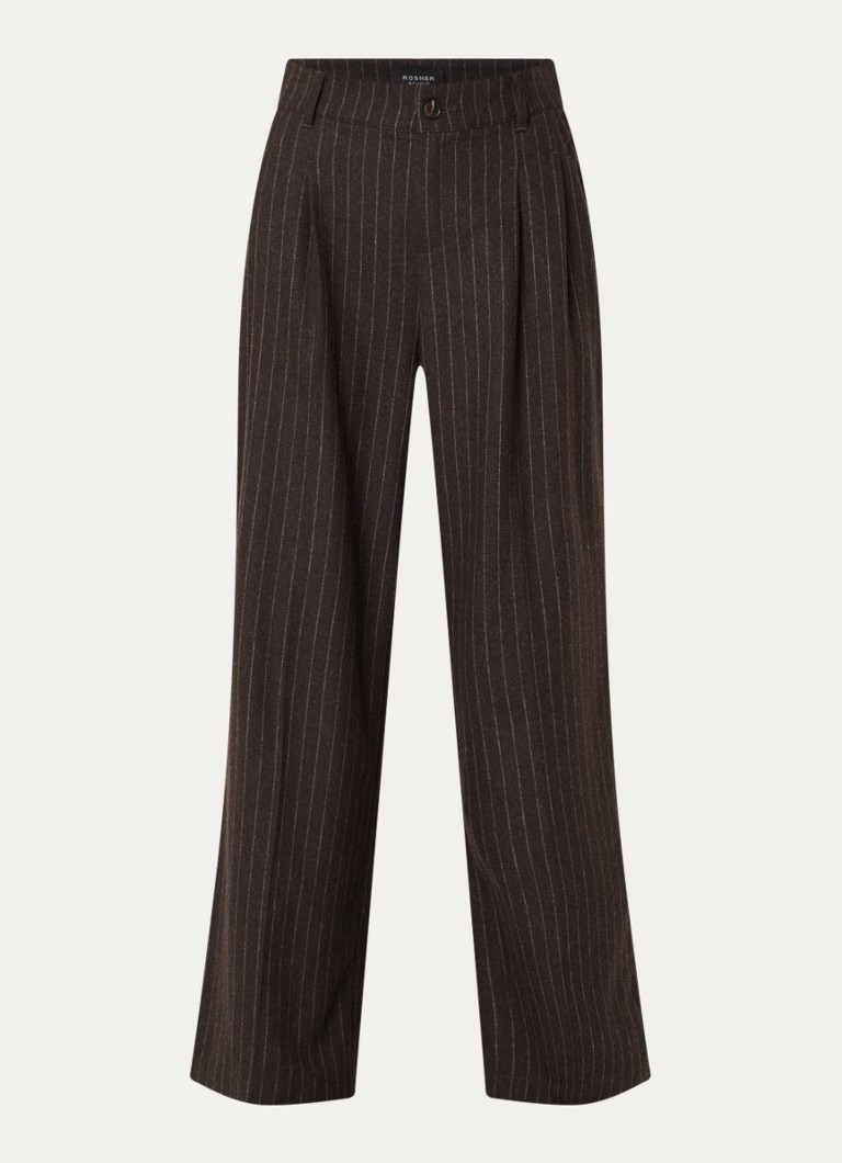 Rosner Studio Dames Mara high waist wide fit pantalon in wolblend met streepprint in de kleur Chocoladebruin