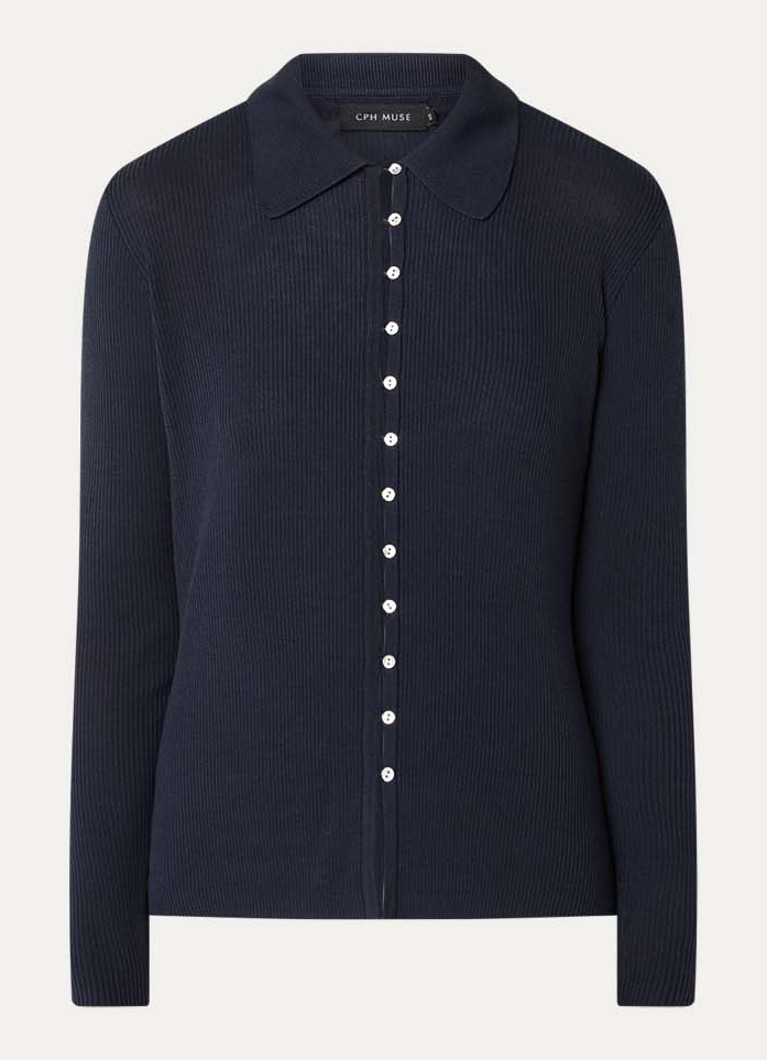 Copenhagen Muse Dames Monnie ribgebreid vest met kraag in de kleur Donkerblauw, maat: XS