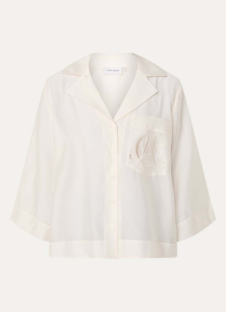 Copenhagen Muse Dames Molly semi-transparante blouse met borstzak en logoborduring in de kleur Creme, maat: XS