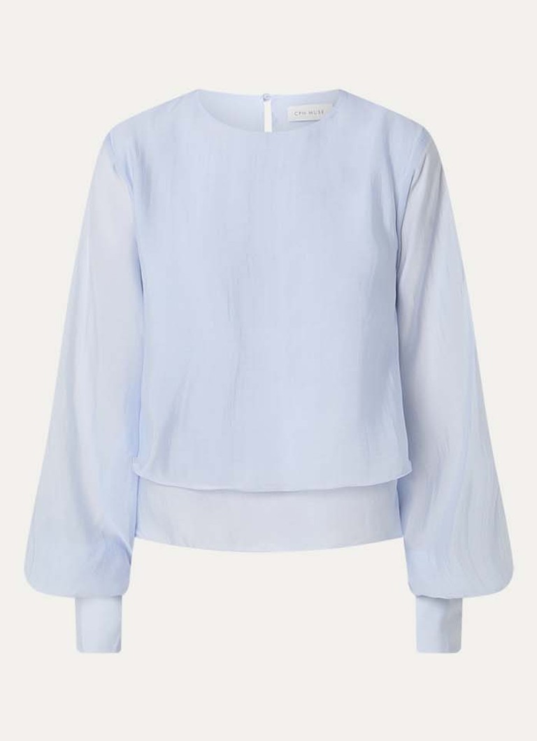 Copenhagen Muse Dames Tilly semi-transparante tuniek met volant in de kleur Lichtblauw, maat: L