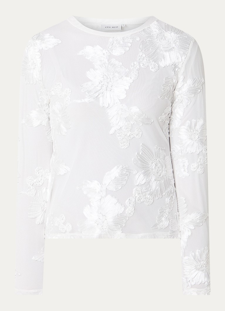 Copenhagen Muse Dames Semi-transparante top van mesh met borduring in de kleur Wit, maat: L