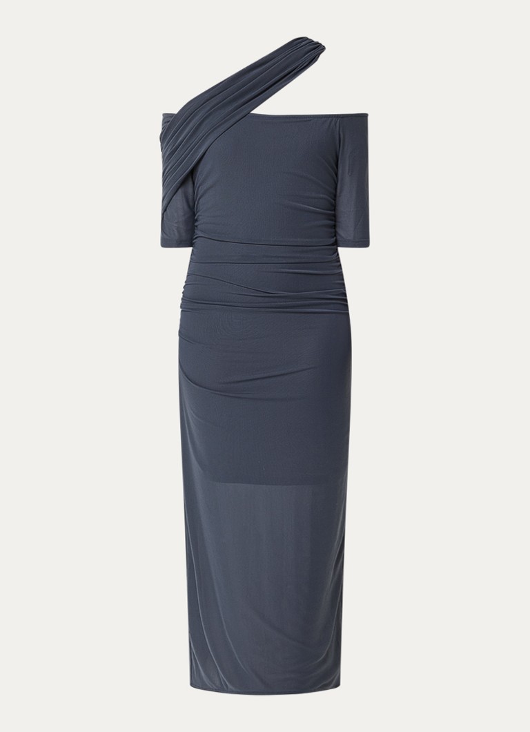 Copenhagen Muse Dames Semi-transparante maxi jurk van mesh met asymmetrische kraag in de kleur Blauw, maat: S
