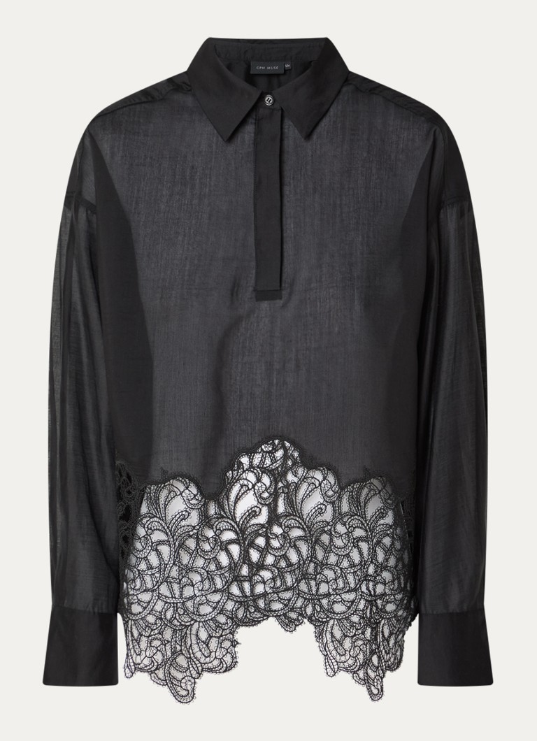 Copenhagen Muse Dames CMDolly semi-transparante blouse met details van kant in de kleur Zwart, maat: XXS/XS