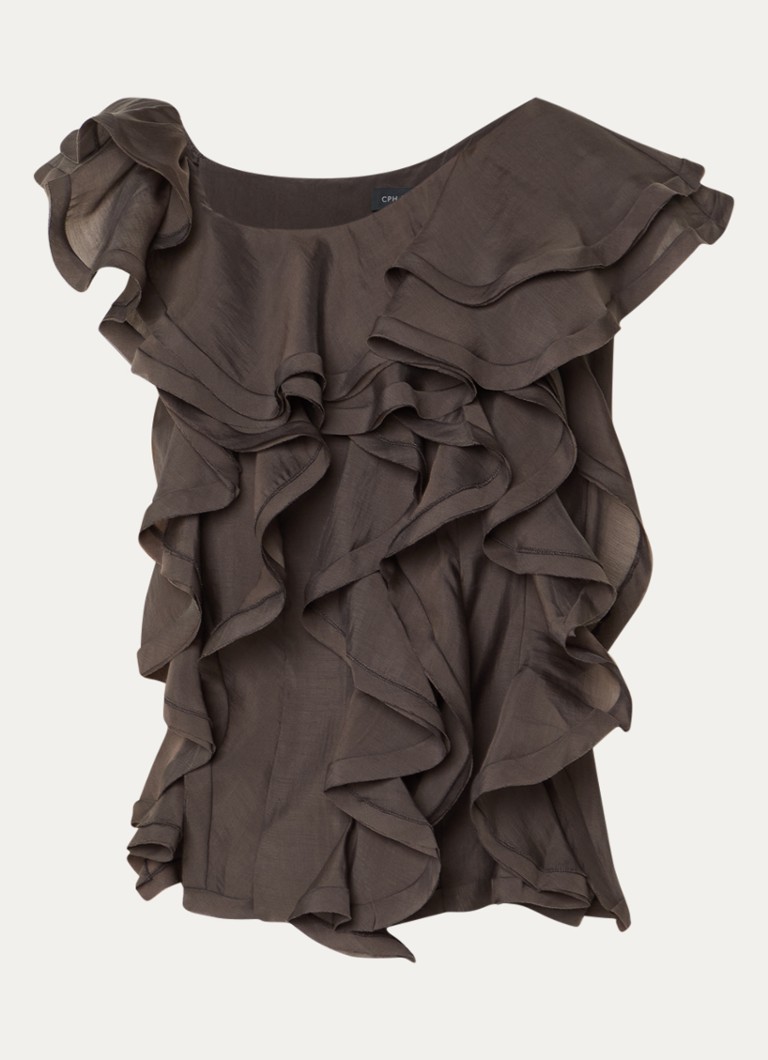 Copenhagen Muse Dames CMTilly top met volant en asymmetrische hals in de kleur Donkerbruin, maat: S