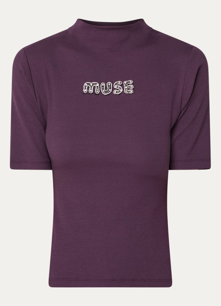 Copenhagen Muse Dames CMSiv top met logo en ribstructuur in de kleur Aubergine, maat: M