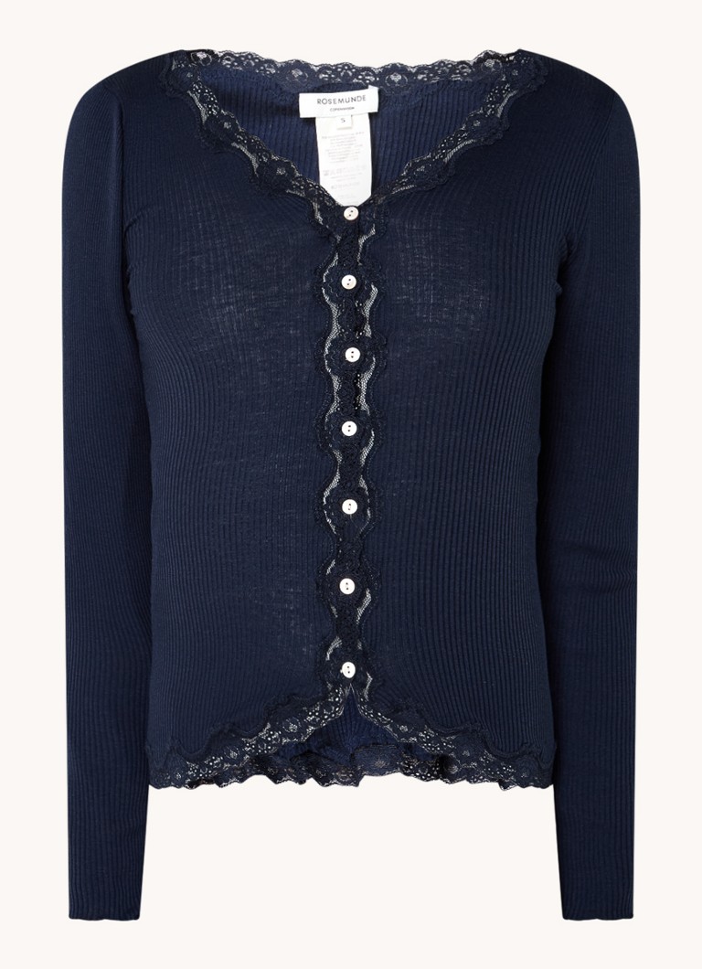 Rosemunde Dames Babette ribgebreid vest in zijdeblend met details van kant in de kleur Donkerblauw