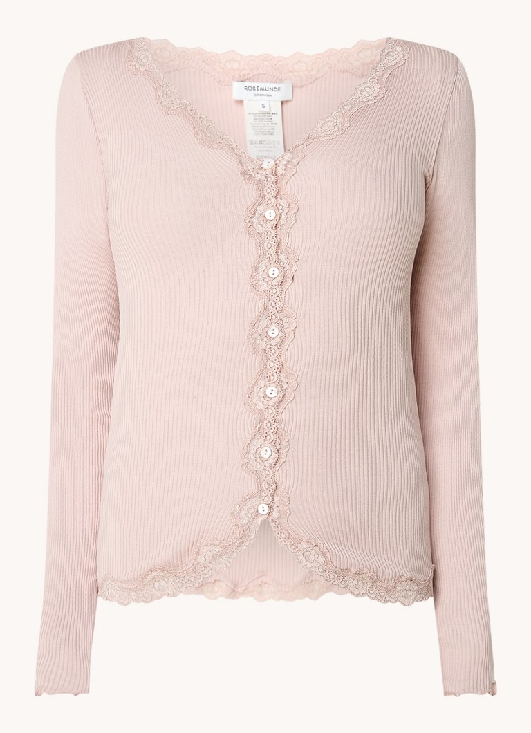 Rosemunde Dames Babette ribgebreid vest in zijdeblend met details van kant in de kleur Lichtroze