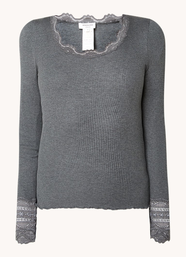 Rosemunde Dames Longsleeve in zijdeblend met structuur en details van kant in de kleur Donkergrijs