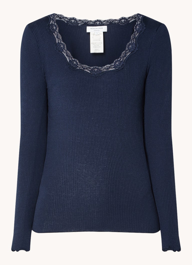 Rosemunde Dames Babette longsleeve in zijdeblend met details van kant in de kleur Donkerblauw