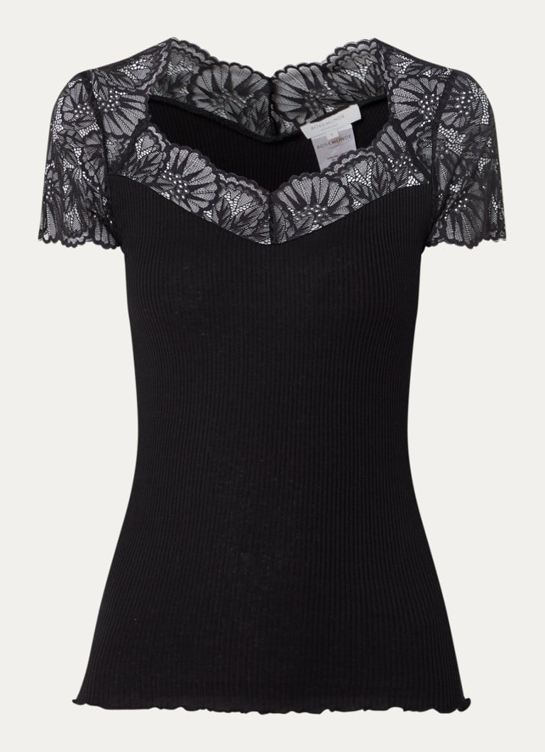 Rosemunde Dames Beatha ribgebreide top in zijdeblend met details van kant in de kleur Zwart