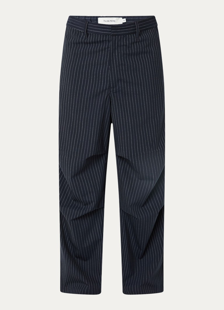 Filling Pieces Heren Loose fit pantalon in wolblend met krijtstreep in de kleur Donkerblauw, maat: M